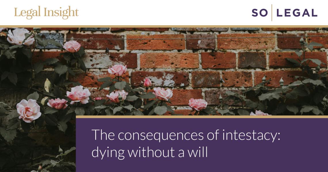 Roses against a brick wall outside a house, accompanying an article on intestacy and wills.