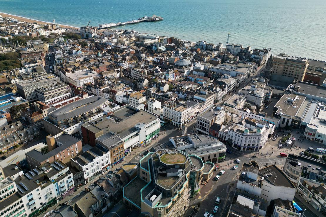 Aerial view of commercial property including offices and retail buildings in an urban area